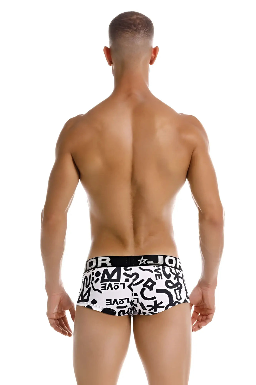 White briefs with black graphic print and black waistband featuring jor logo from jor 2185 love trunks color printed collection