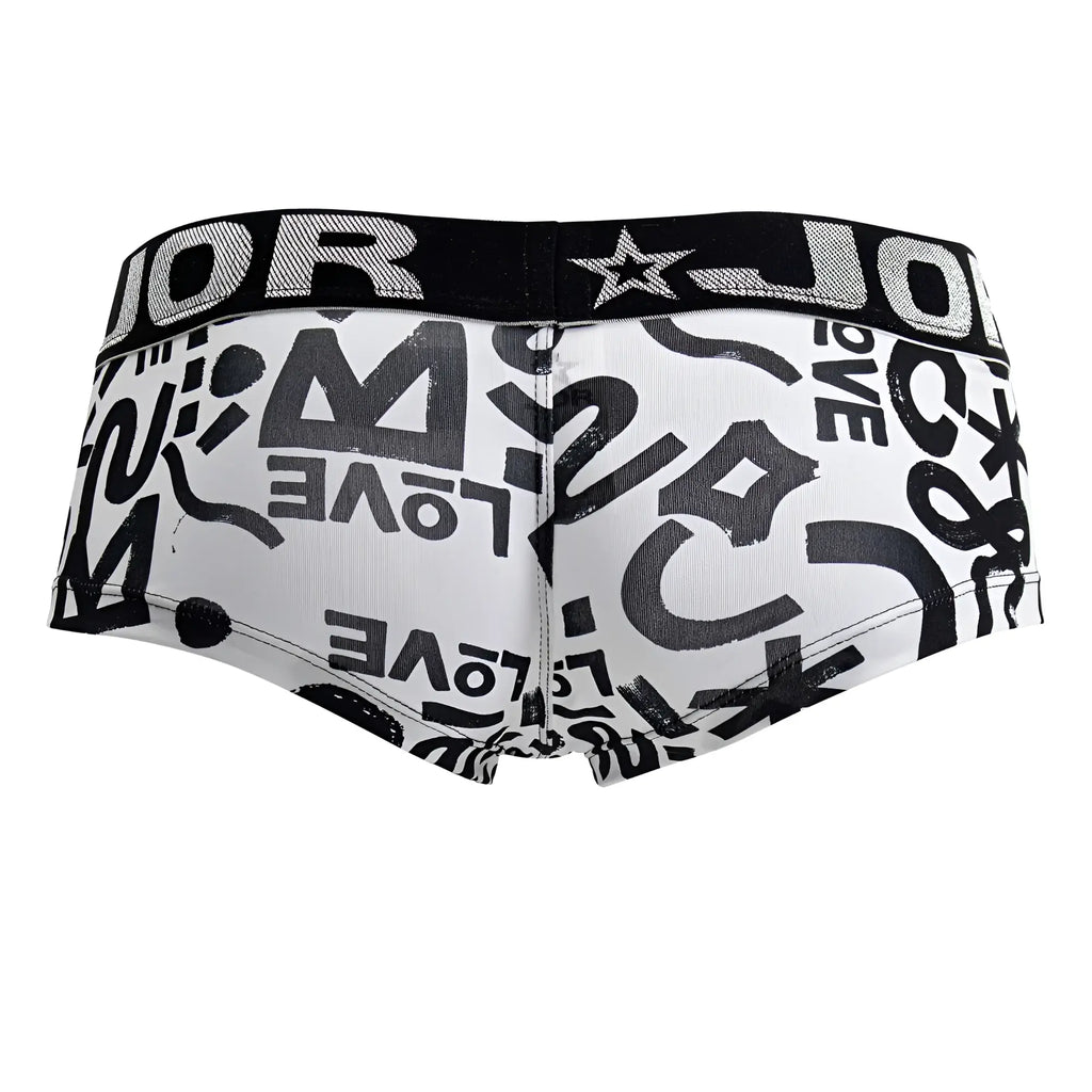 White briefs jor 2185 love trunks with bold black graffiti love print and black waistband with white brand name