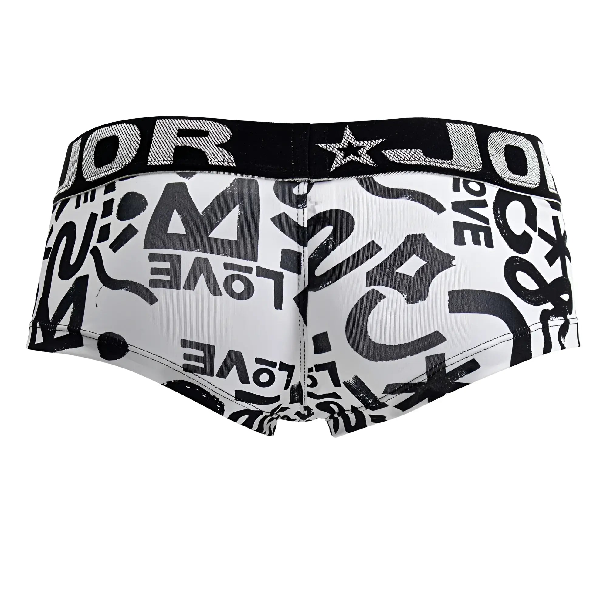 White briefs jor 2185 love trunks with bold black graffiti love print and black waistband with white brand name