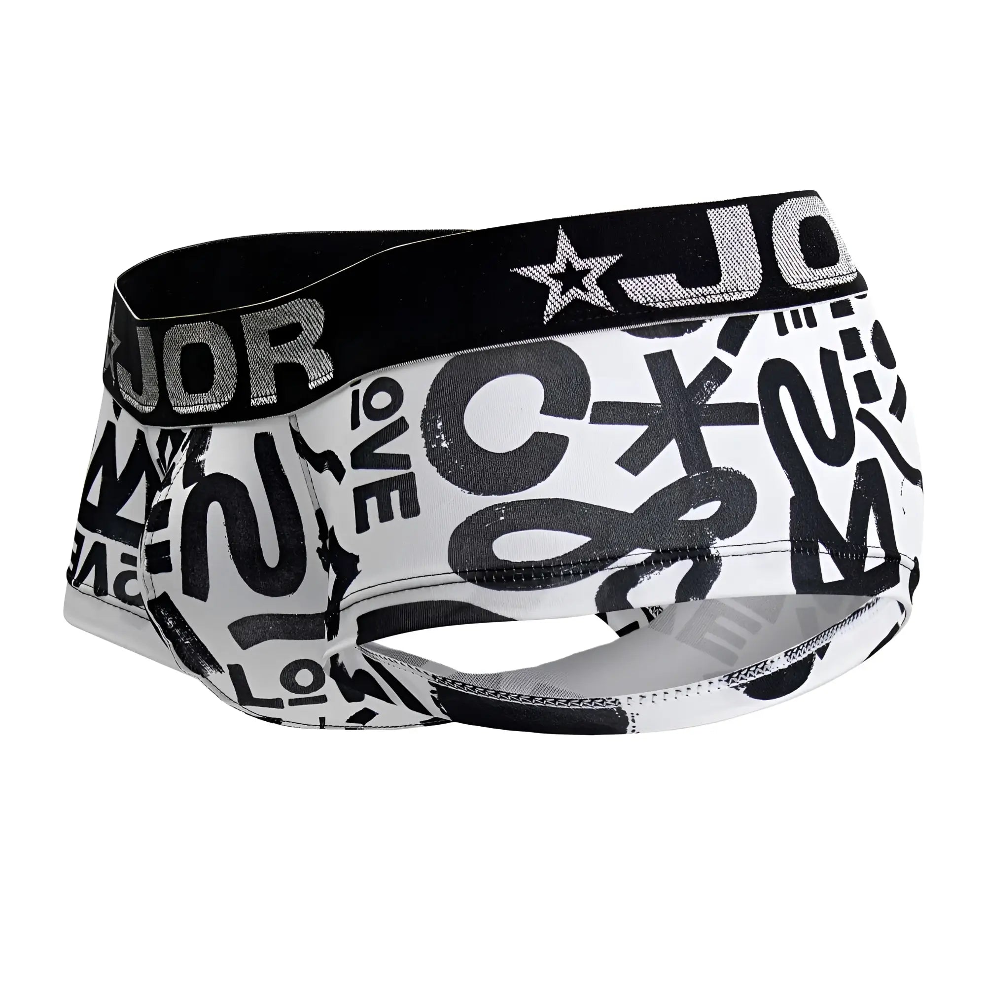 White boxer briefs with black graffiti lettering and black waistband with silver glitter jor branding jor 2185 love trunks color printed