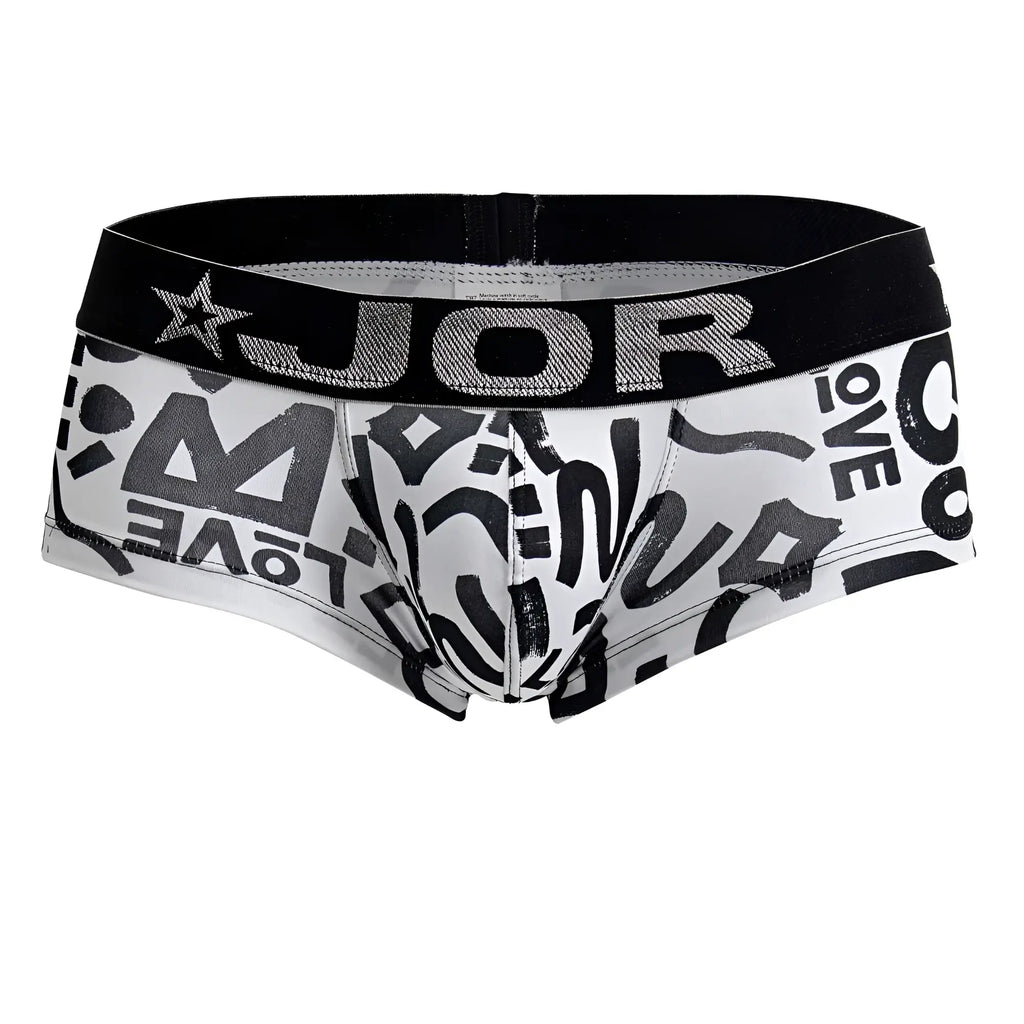 White men’s briefs with black graffiti lettering and black elastic waistband with jor brand name in silver glitter