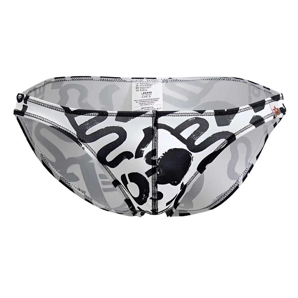 Men’s briefs with black and gray abstract graffiti pattern and white interior lining jor 2186 love bikini color printed