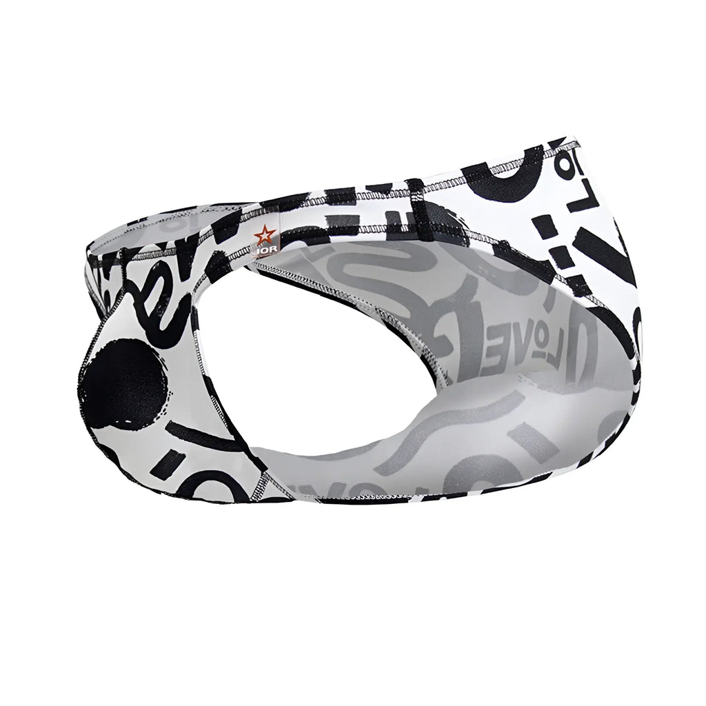 Black and white graphic patterned jor 2186 love bikini color printed men’s stretchy form fitting underwear front view