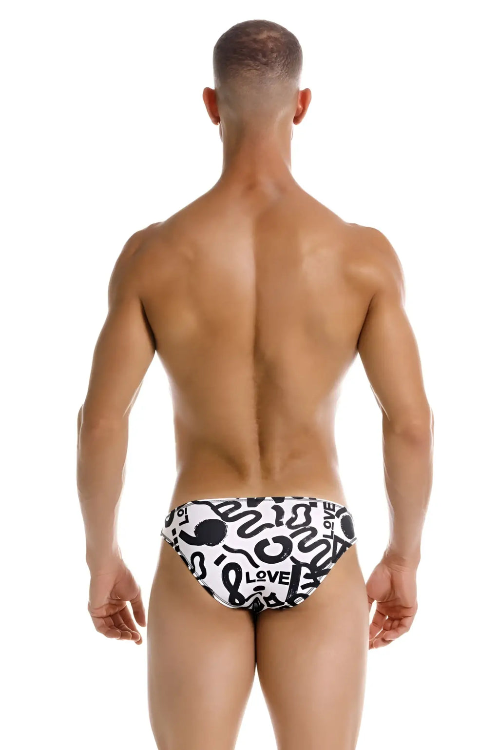 Black and white graphic swim trunks jor 2186 love bikini color printed with bold abstract designs and love text