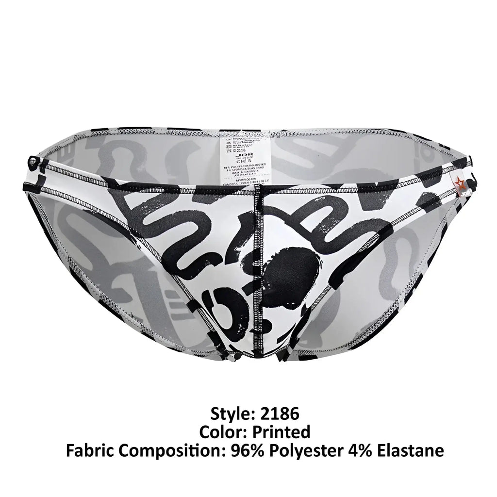Black and white abstract graffiti patterned men’s briefs jor 2186 love bikini color printed made of polyester and elastane