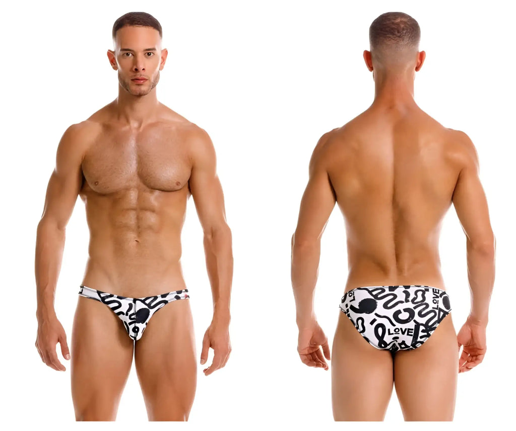 Black and white patterned swim trunks with bold abstract designs and the word love from jor 2186 love bikini color printed