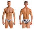 Black and white patterned swim trunks with bold abstract designs and the word love from jor 2186 love bikini color printed