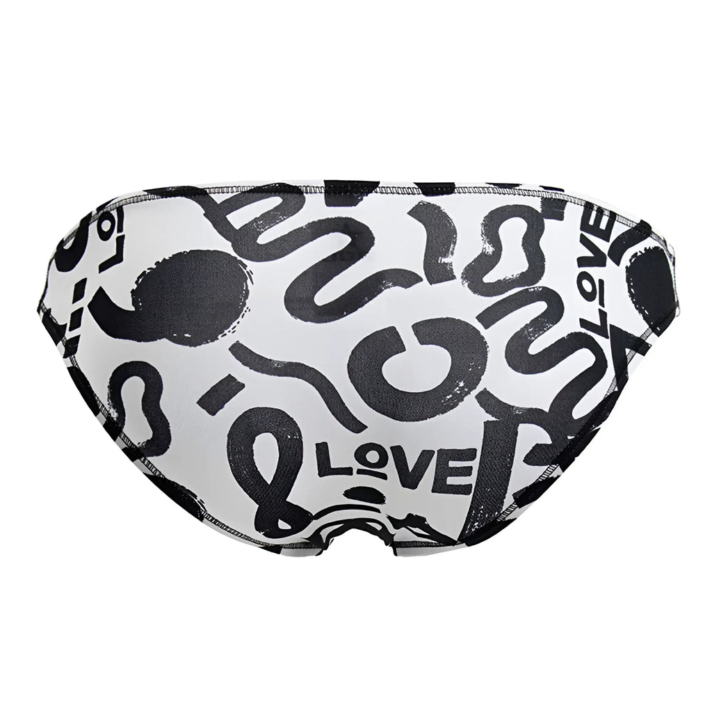 White swim trunks with bold black abstract graffiti pattern and love text jor 2186 love bikini color printed