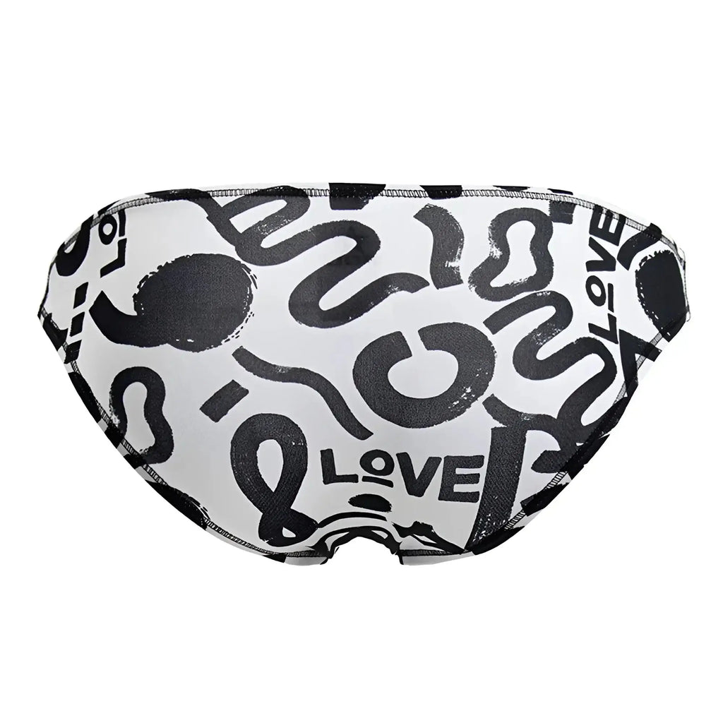 White swim trunks with bold black abstract graffiti pattern and love text jor 2186 love bikini color printed