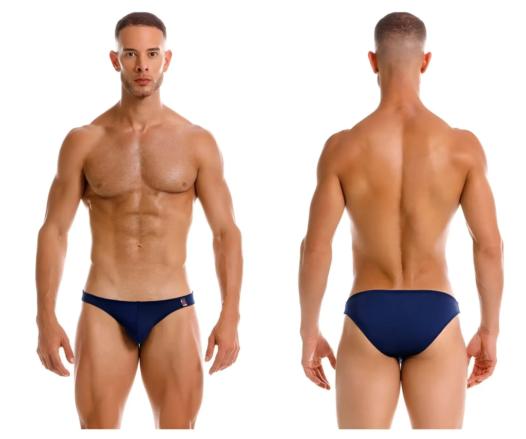 Navy blue JOR 2191 travel swim bikini brief trunks with a small logo on the waistband for swimming and travel