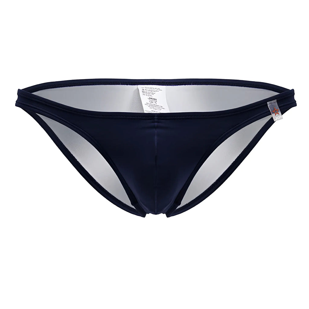 Navy blue satin travel swim bikini briefs with sheer mesh panel and elastic waistband jor 2191 color blue