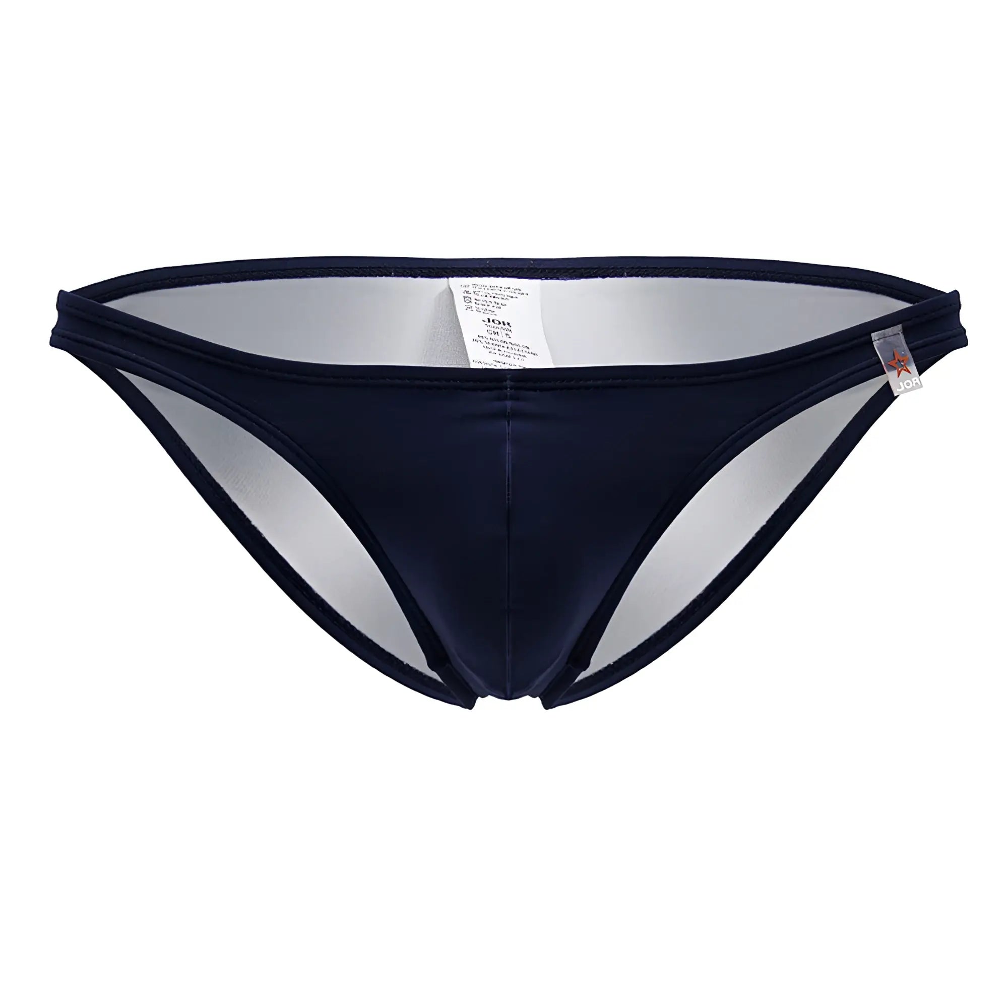 Navy blue satin travel swim bikini briefs with sheer mesh panel and elastic waistband jor 2191 color blue