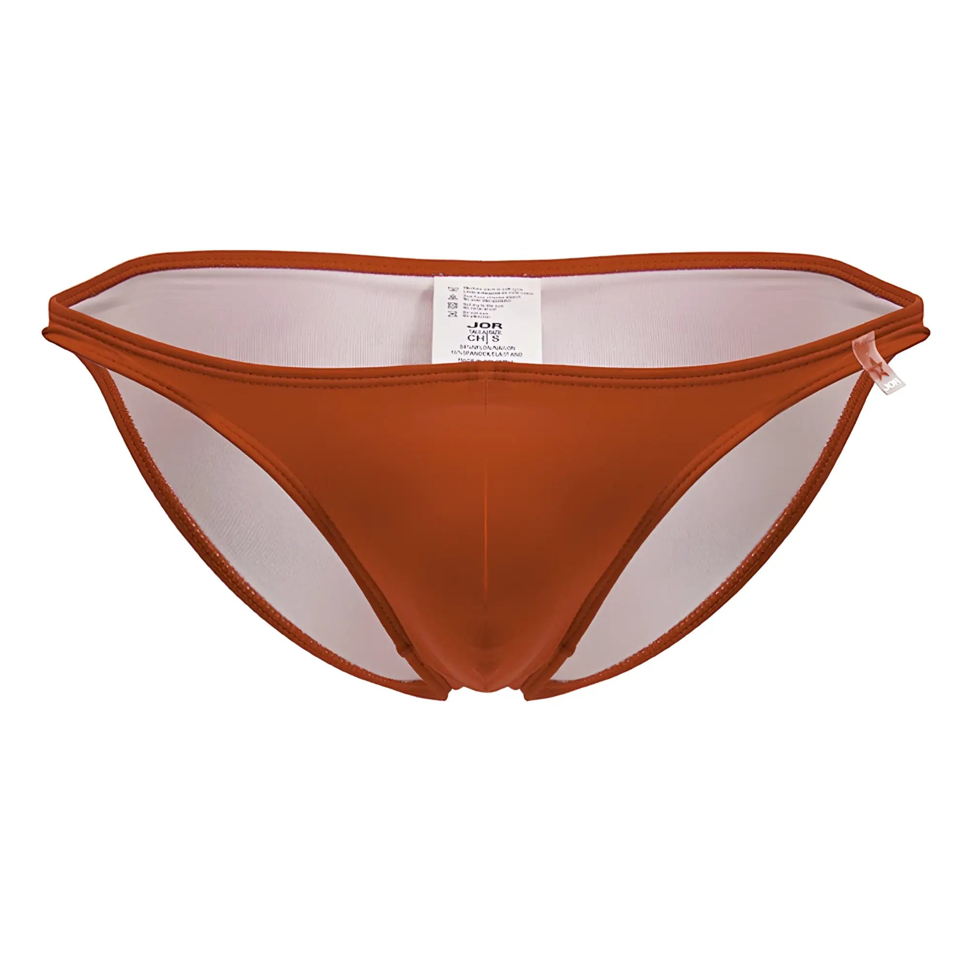 A sleek rust-orange jor 2191 travel swim bikini bottom with sheer mesh panel and elastic waistband front view