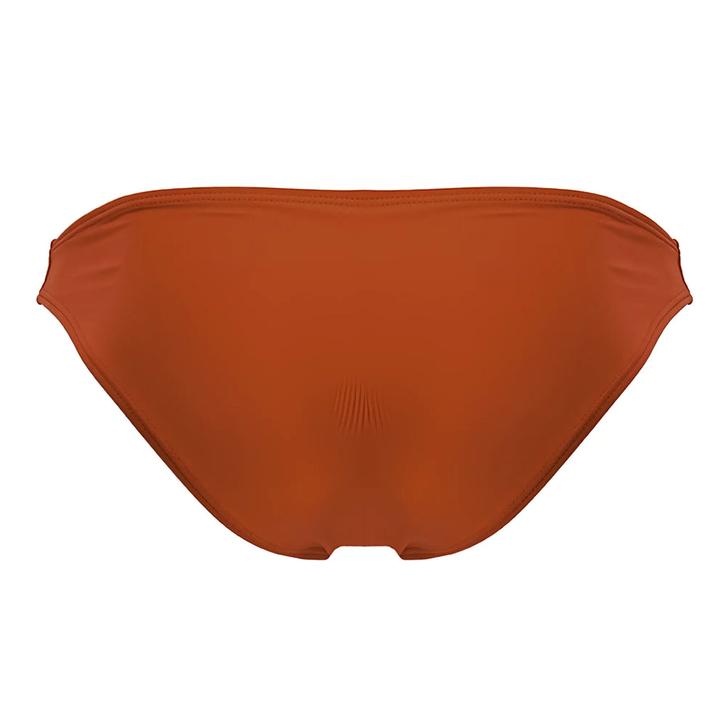 A sleek solid rust-colored travel swim bikini bottom with smooth stretchy fabric and clean waistband stitching