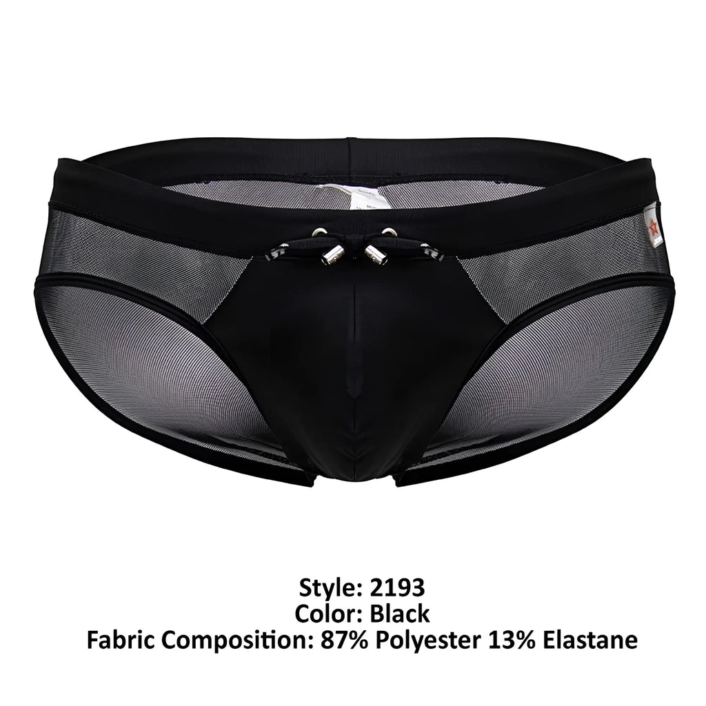 Black jor 2193 mystic swim briefs with mesh sides, solid front panel, and silver metal clasps at the waistband