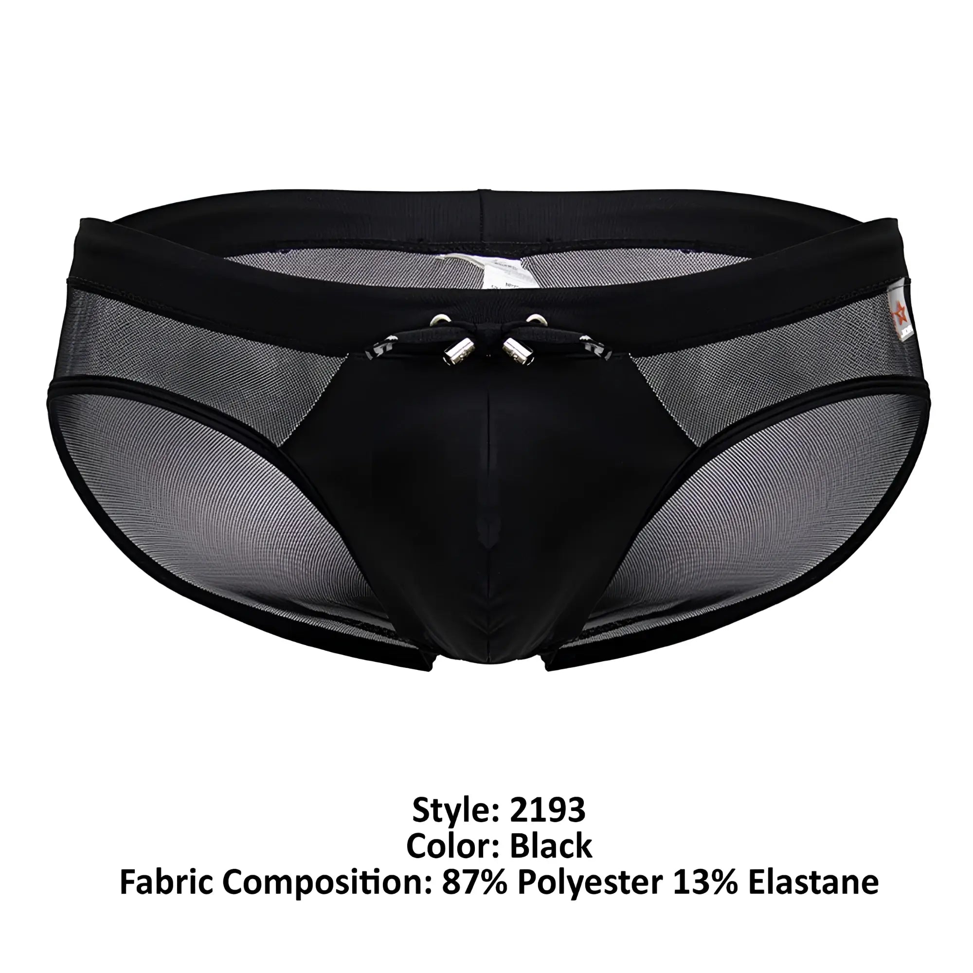 Black jor 2193 mystic swim briefs with mesh sides, solid front panel, and silver metal clasps at the waistband
