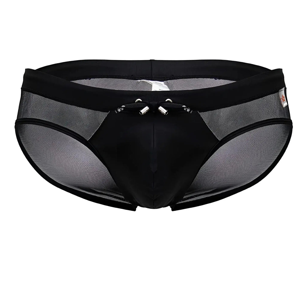 Black mesh jor 2193 mystic swim briefs with solid front panel and silver metal clasps at the waistband