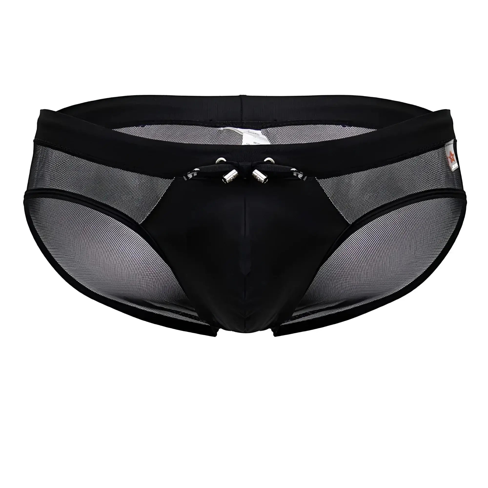 Black mesh jor 2193 mystic swim briefs with solid front panel and silver metal clasps at the waistband