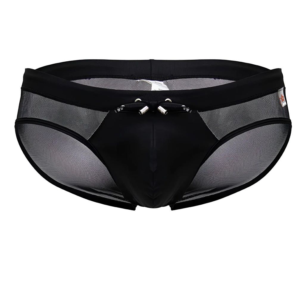 Black mesh jor 2193 mystic swim briefs with solid front panel and silver metal clasps at the waistband