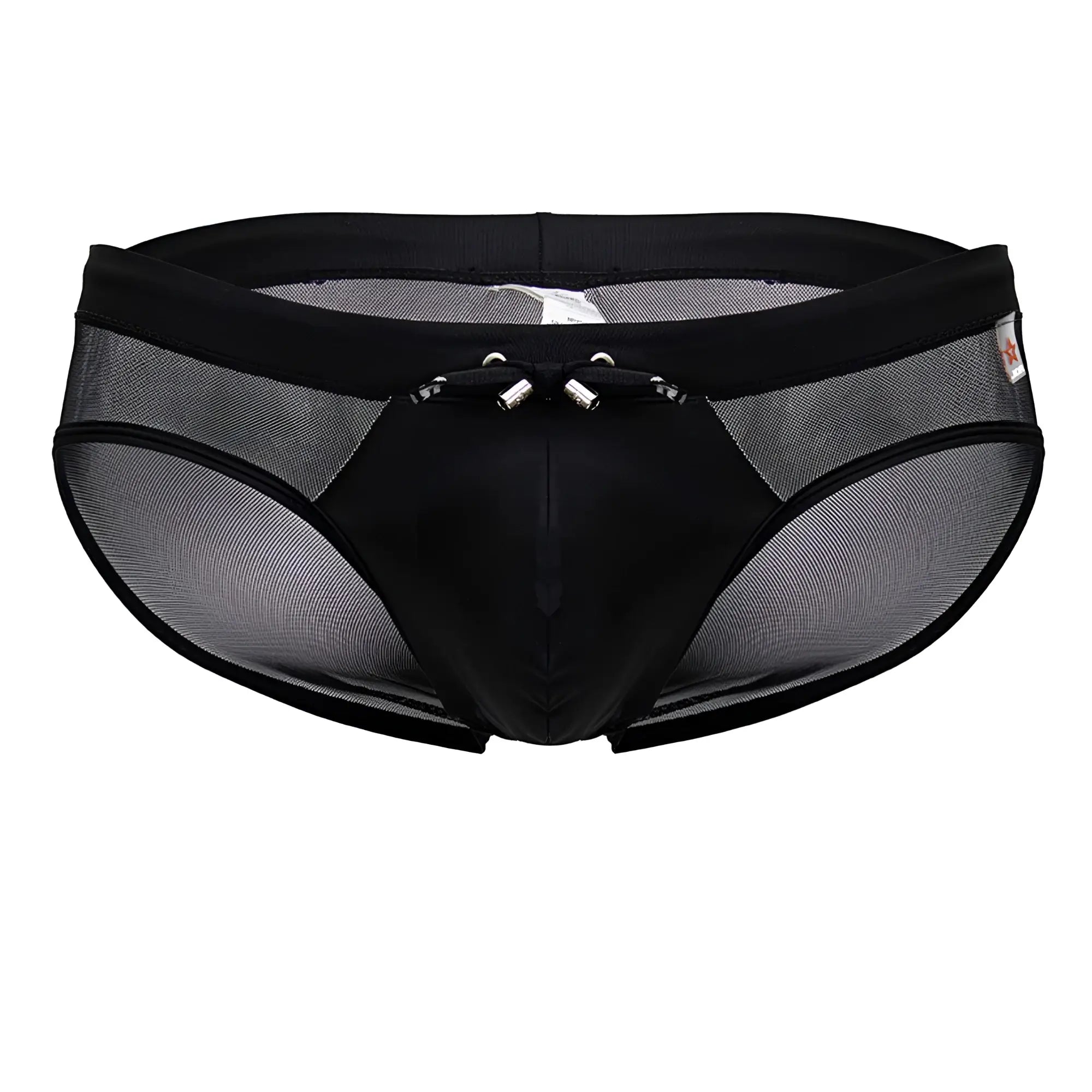 Black mesh jor 2193 mystic swim briefs with solid front panel and silver metal clasps at the waistband