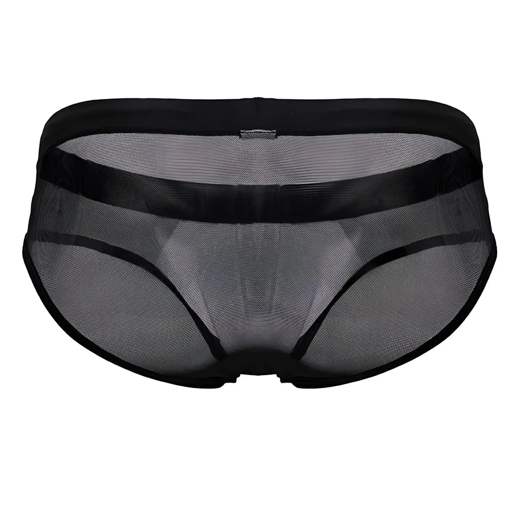 Black jor 2193 mystic swim briefs featuring mesh fabric with solid black waistband and leg openings