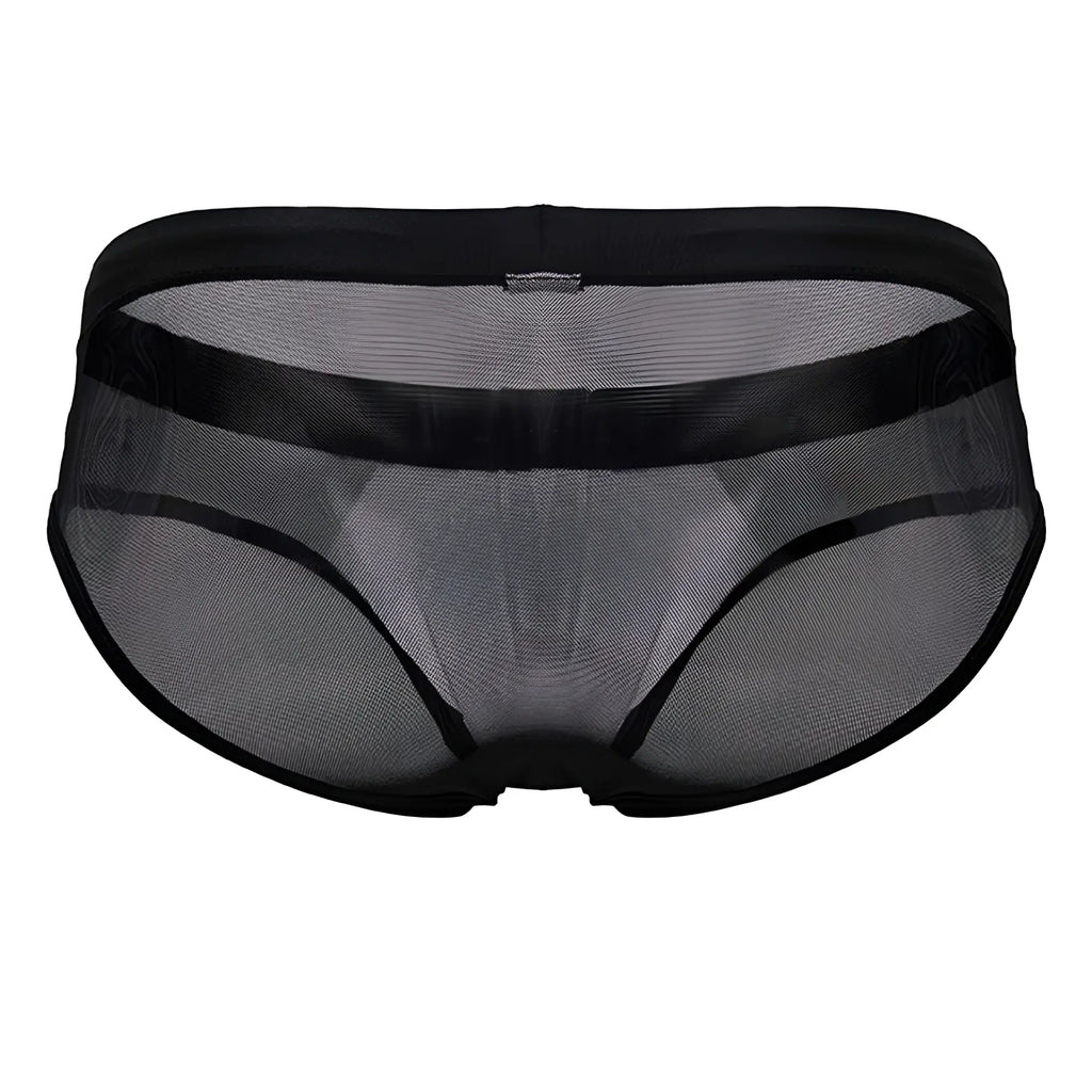 Black jor 2193 mystic swim briefs featuring mesh fabric with solid black waistband and leg openings