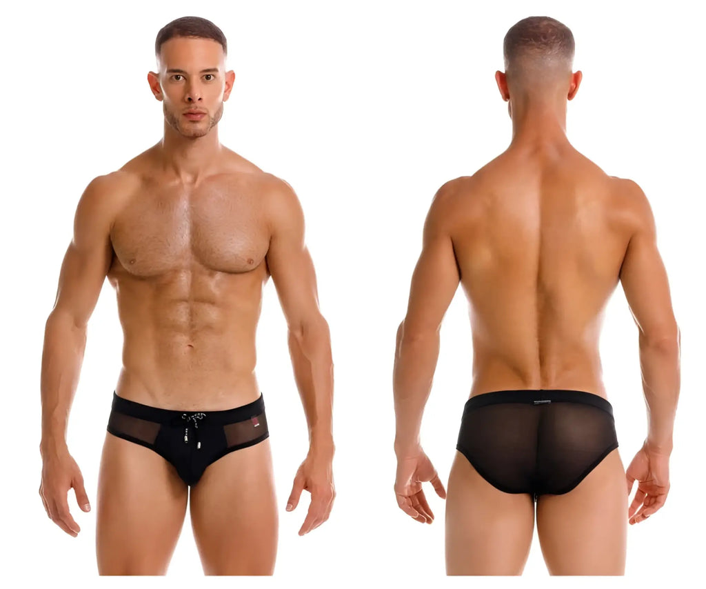 Jor 2193 mystic swim briefs in black feature black mesh fabric with a solid waistband and silver zipper detail front