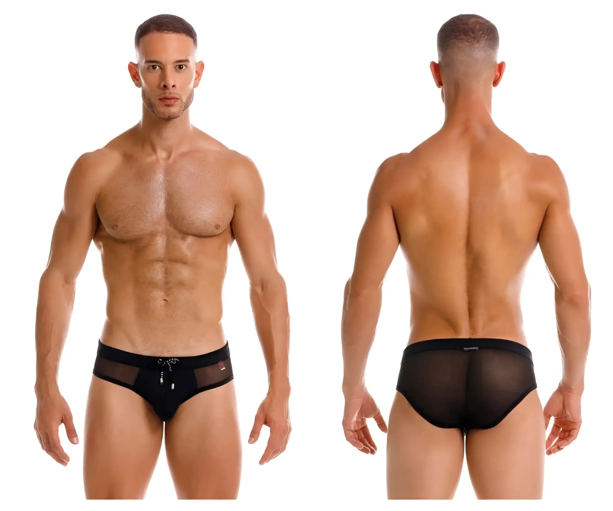 Jor 2193 mystic swim briefs in black feature black mesh fabric with a solid waistband and silver zipper detail front