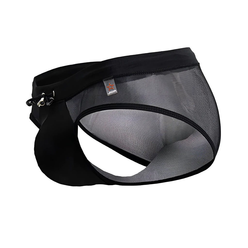 Black mesh jor 2193 mystic swim briefs with solid black waistband and side zipper detail