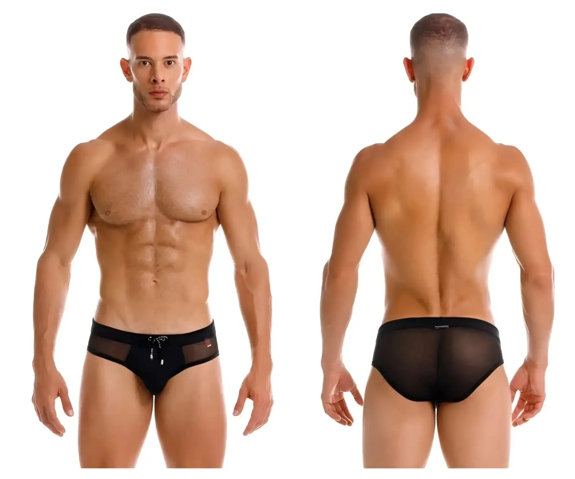 Jor 2193 mystic swim briefs in black feature black mesh fabric with a solid waistband and silver zipper detail front