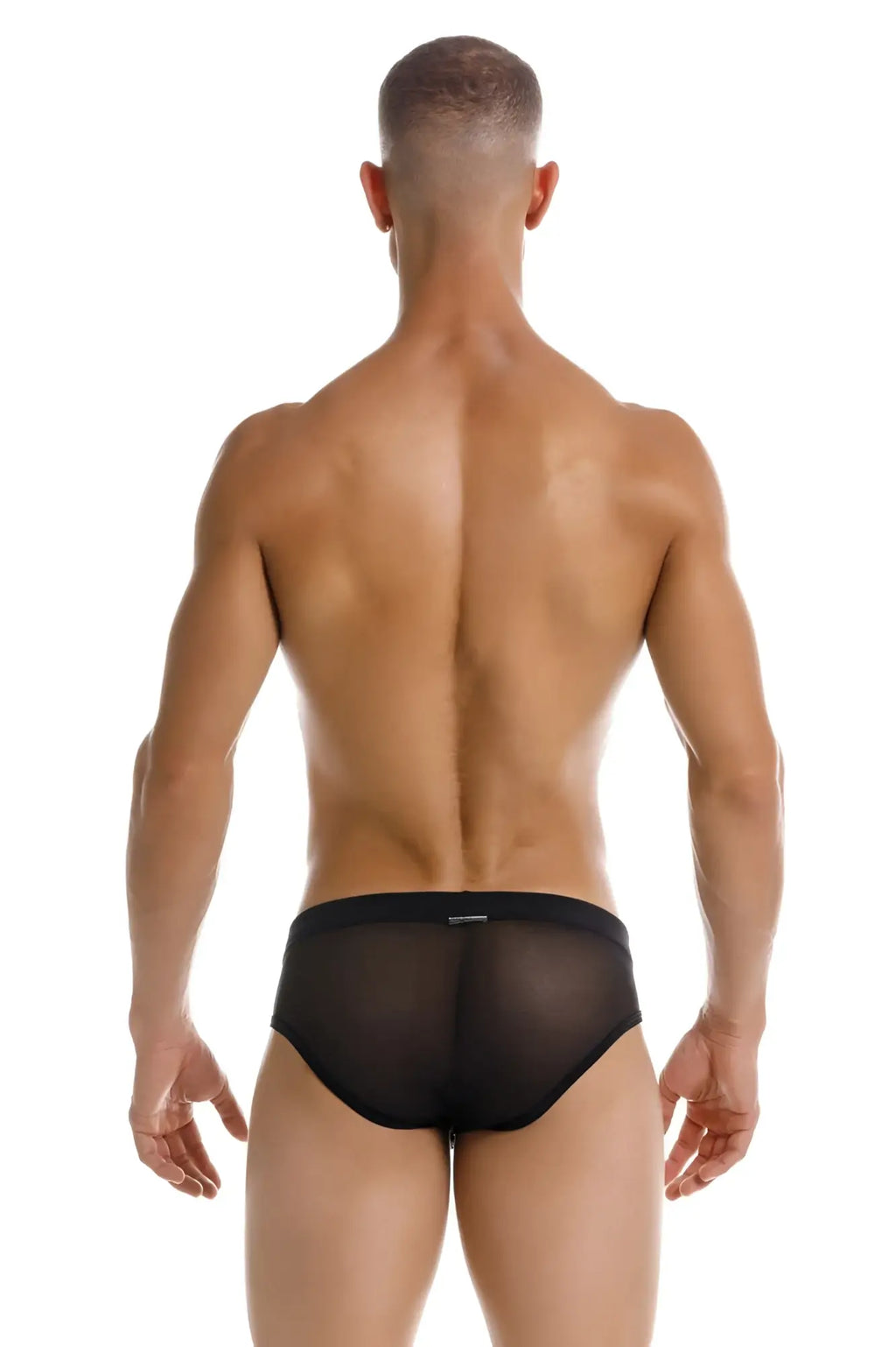 Black jor 2193 mystic swim briefs with sheer mesh fabric and solid black waistband front view