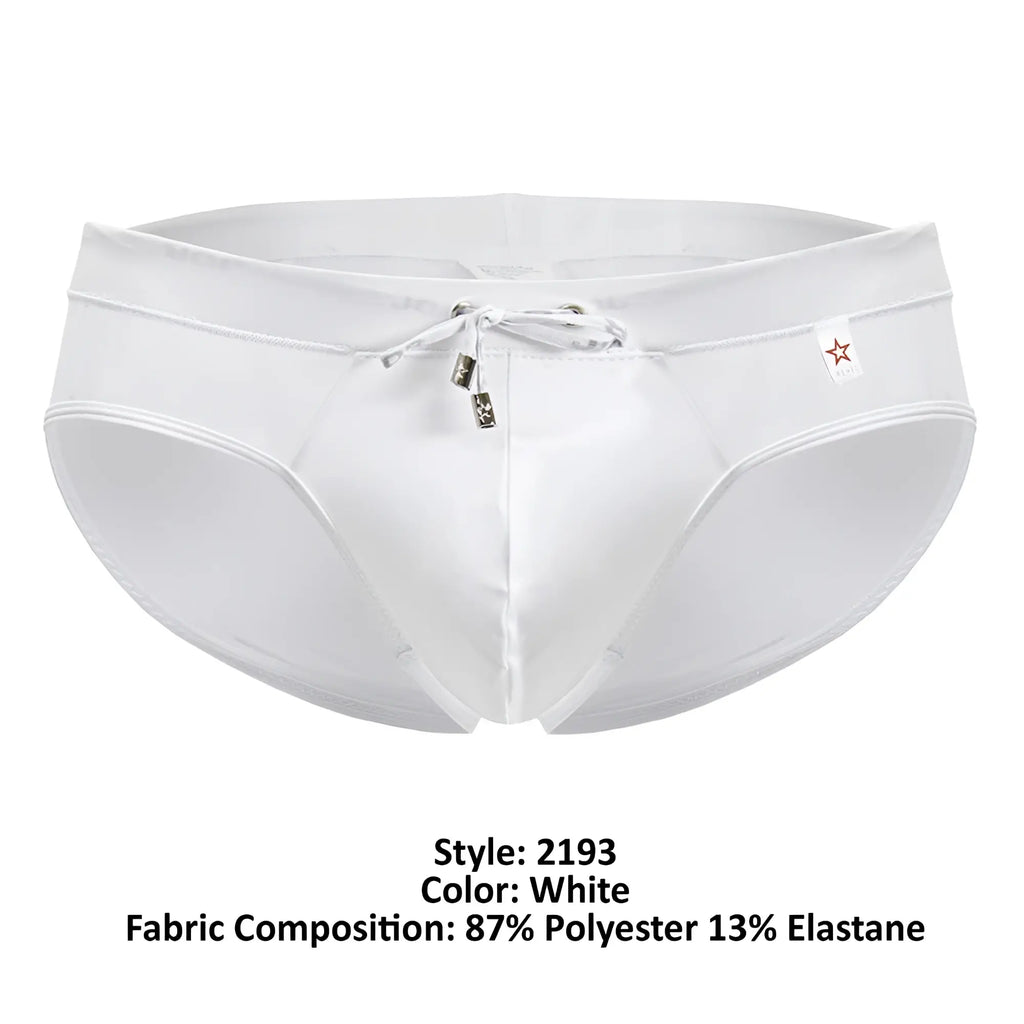 White jor 2193 mystic swim briefs for men with drawstring waistband and metallic toggle fasteners