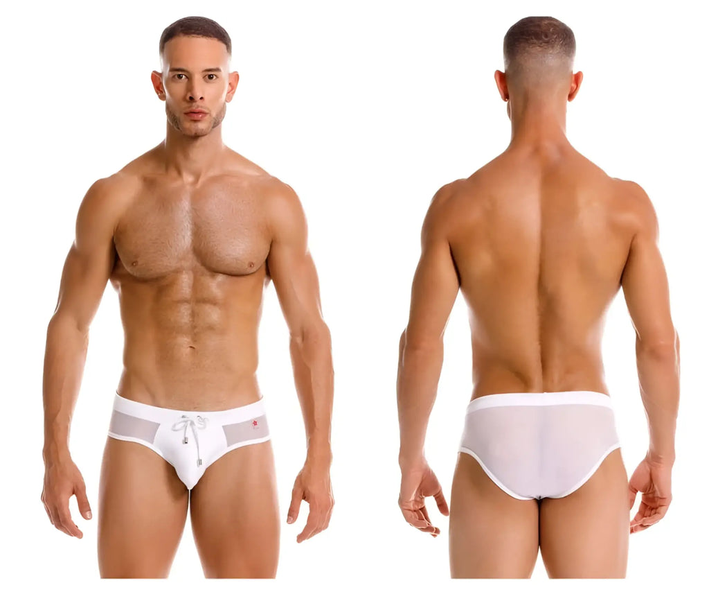 White jor 2193 mystic swim briefs in mesh fabric with drawstring waistband and subtle red logo detail