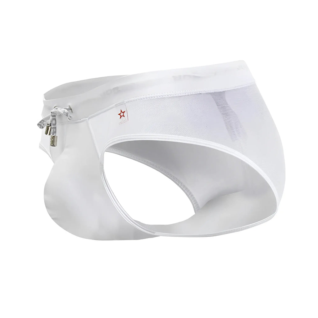 White jor 2193 mystic swim briefs with mesh fabric side zipper and small red star logo for swimming use