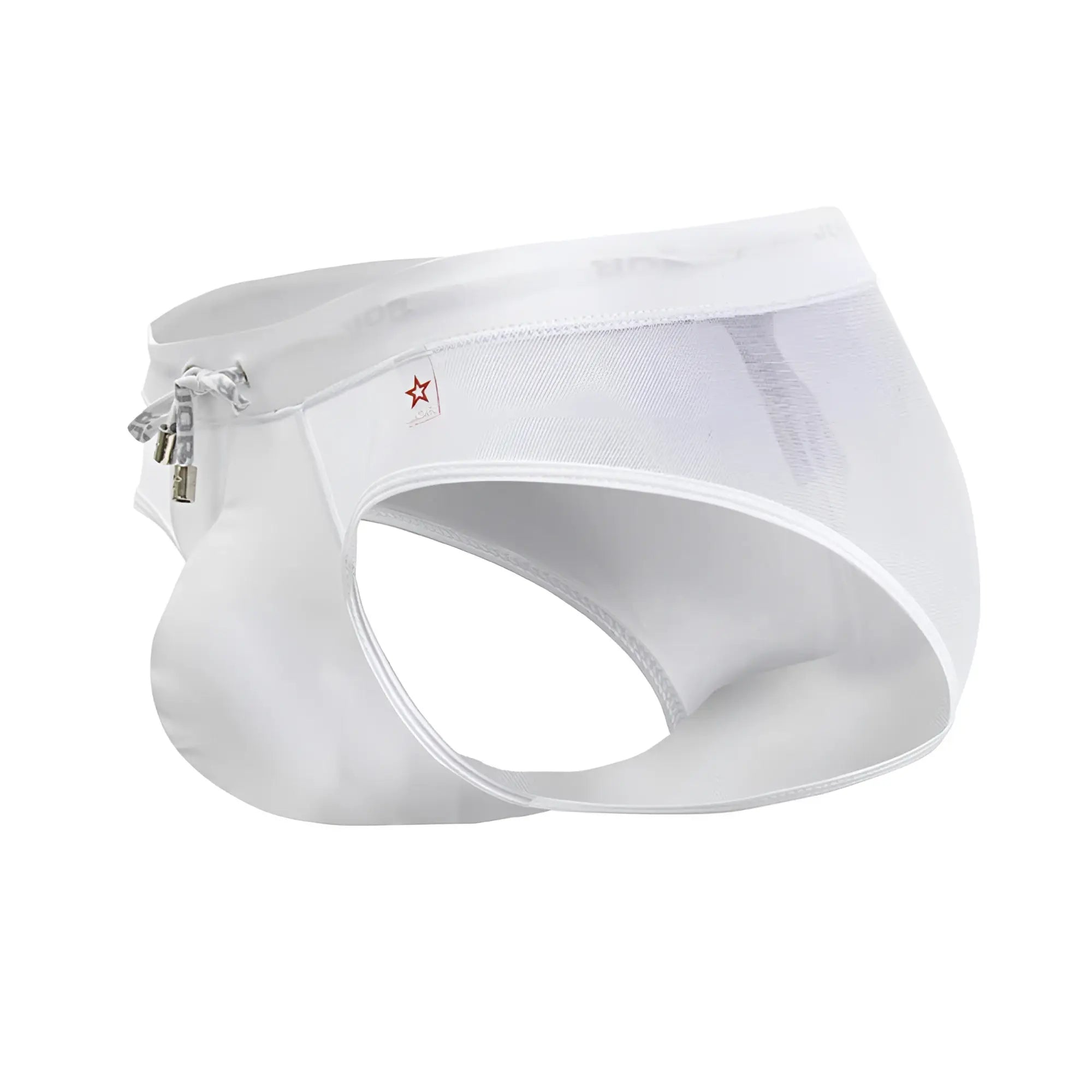 White jor 2193 mystic swim briefs with mesh fabric side zipper and small red star logo for swimming use