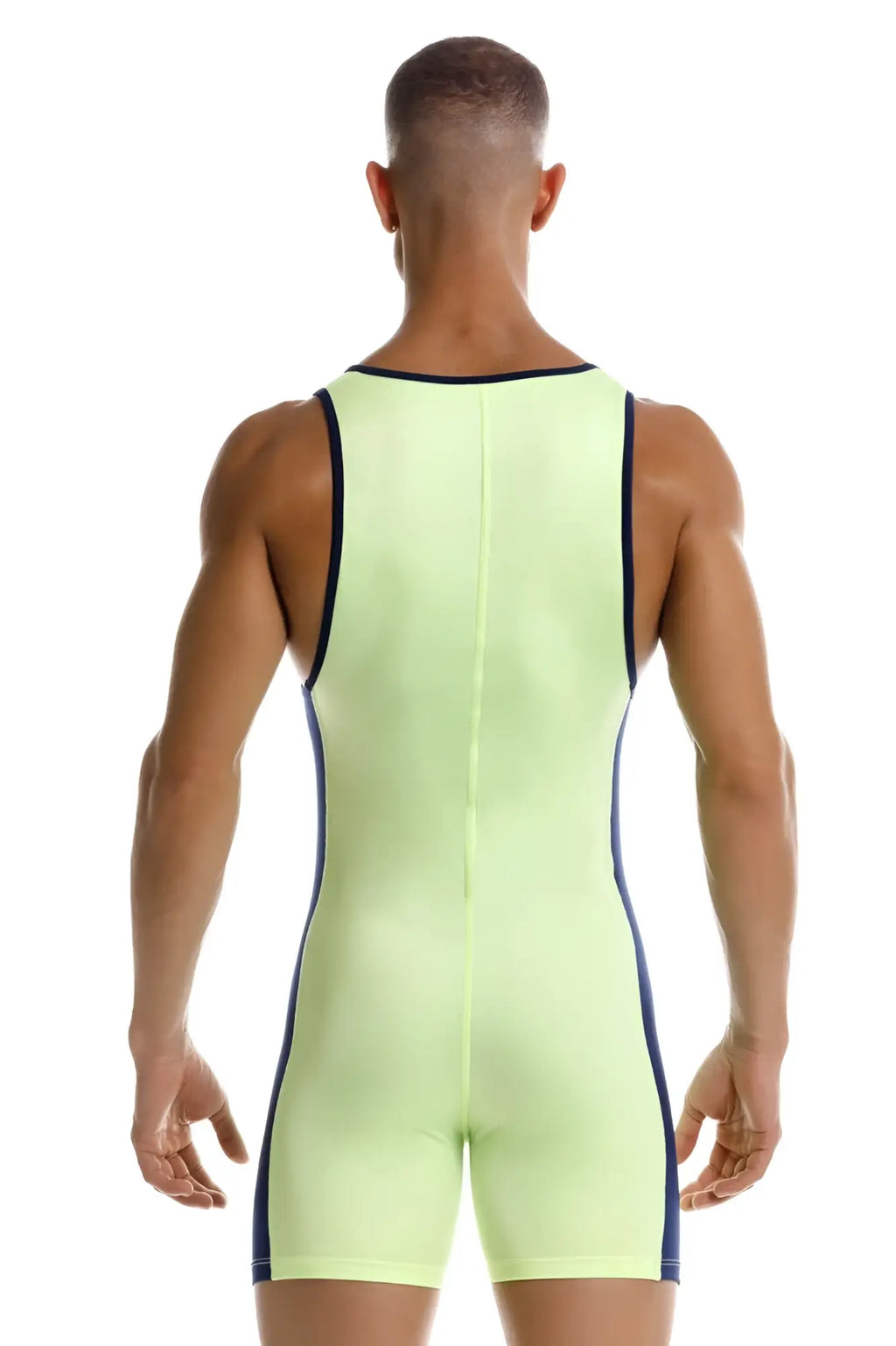 A neon green jor 2216 fighter bodysuit with black trim along the sides and neckline in athletic fabric