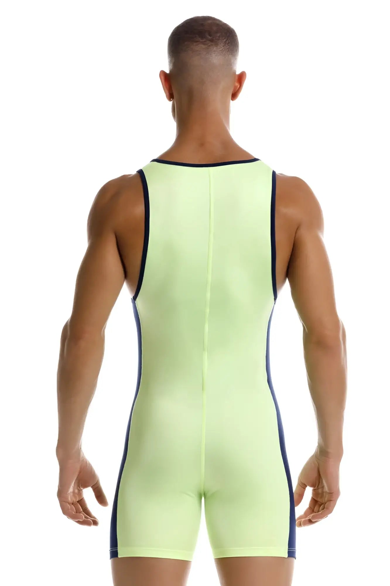 A neon green jor 2216 fighter bodysuit with black trim along the sides and neckline in athletic fabric
