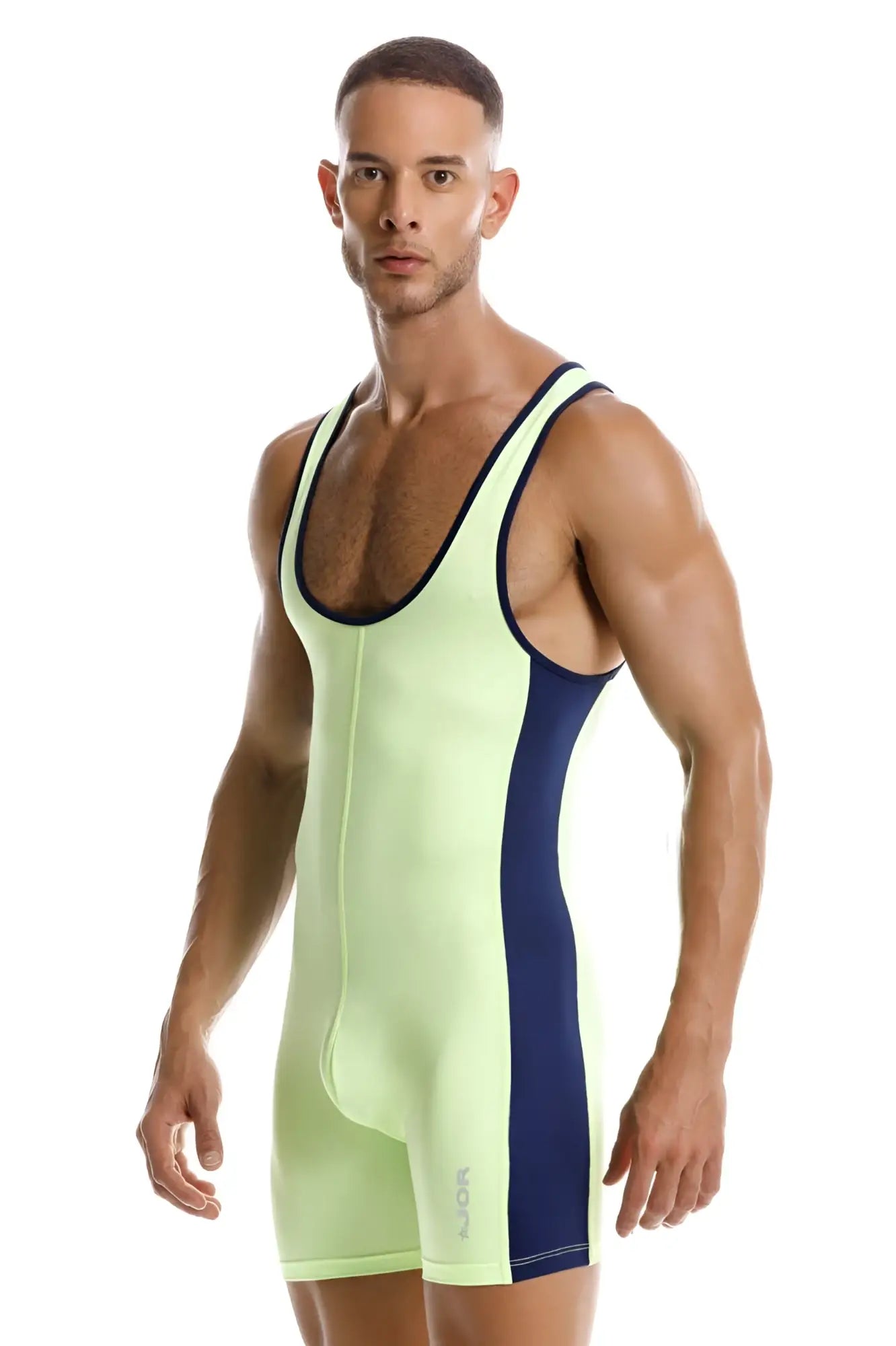 Neon green and navy blue jor 2216 fighter bodysuit athletic singlet with sleek form-fitting design front view
