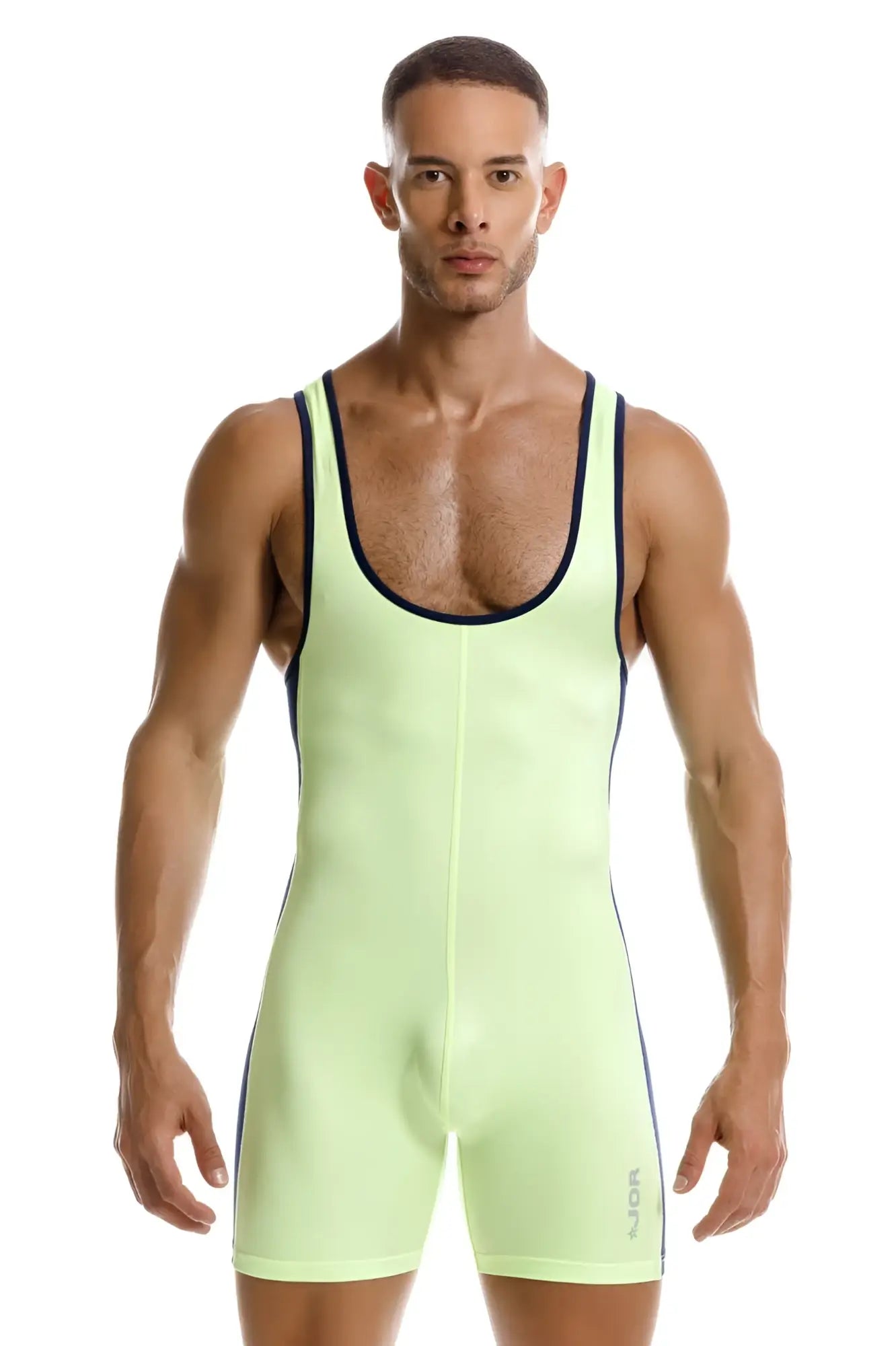 Neon green jor 2216 fighter bodysuit wrestling singlet with black trim along neckline and sides in front view