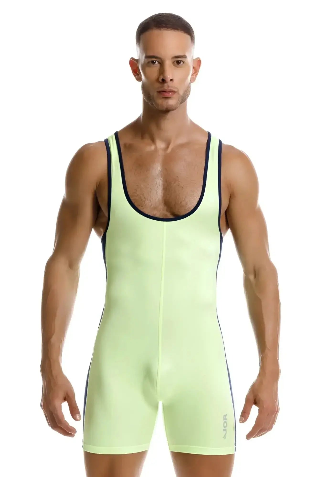 Neon green jor 2216 fighter bodysuit wrestling singlet with black trim along neckline and sides in front view