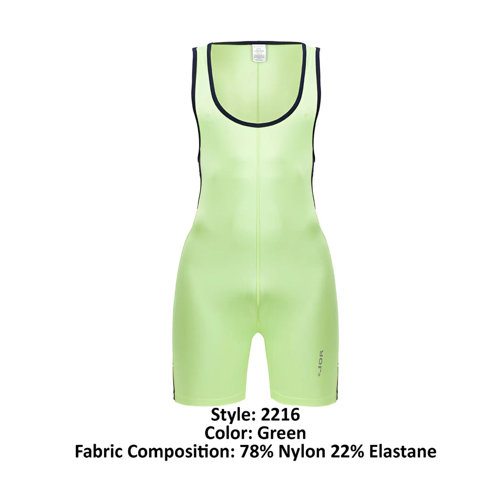 Neon green sleeveless athletic bodysuit with black trim along neckline and sides jor 2216 fighter bodysuit color green