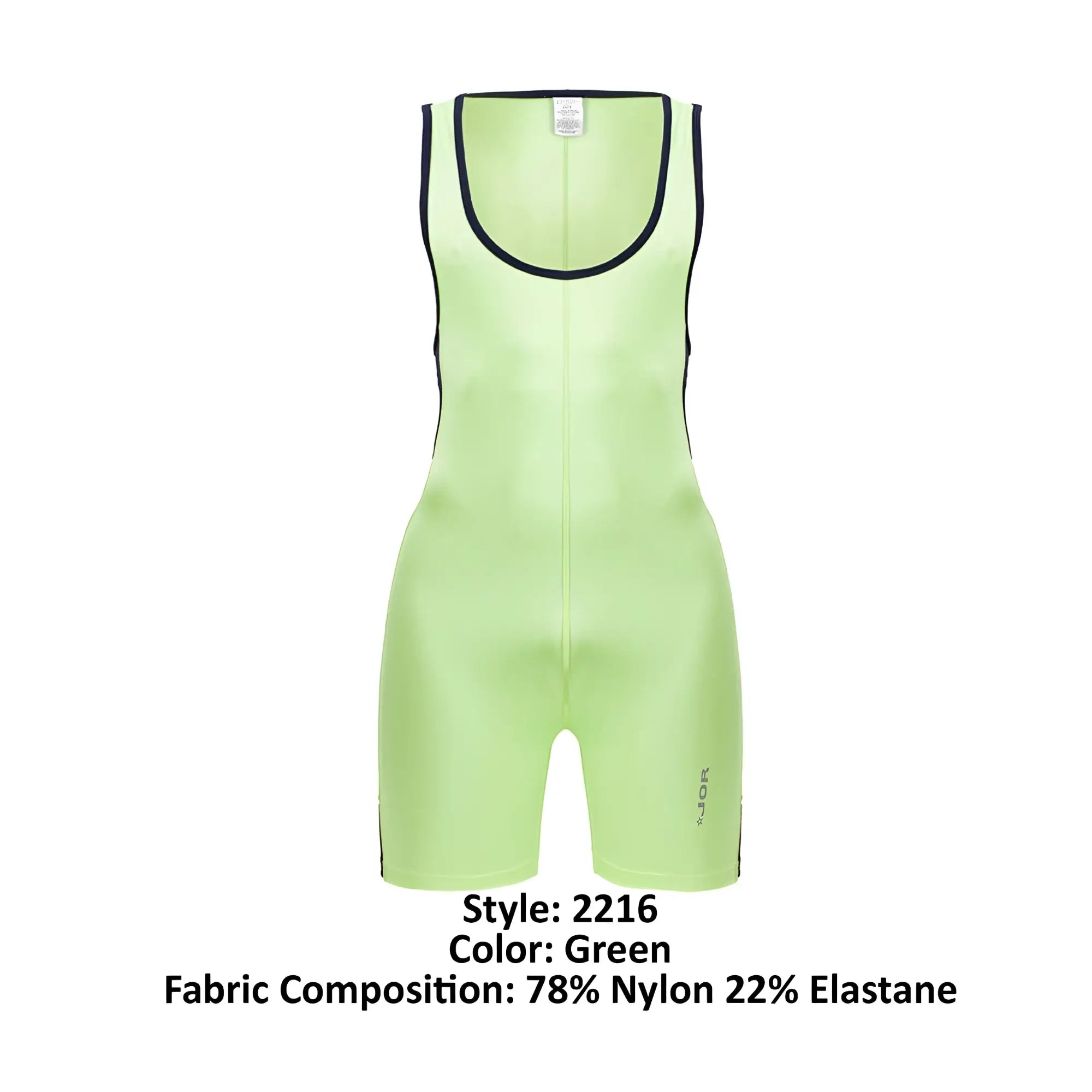 Neon green sleeveless athletic bodysuit with black trim along neckline and sides jor 2216 fighter bodysuit color green