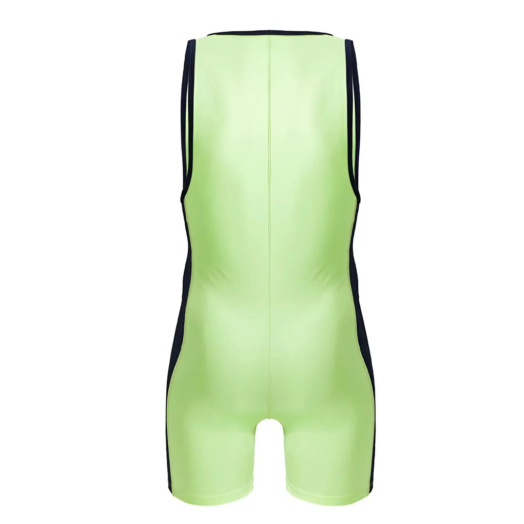 Neon green JOR 2216 fighter bodysuit sleeveless wrestling singlet with black side panels for athletic use