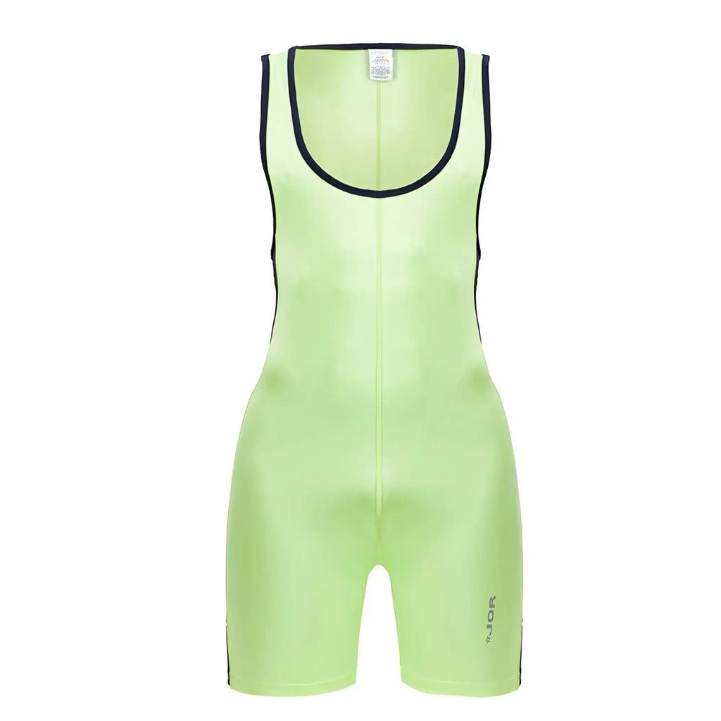 Neon green sleeveless athletic jumpsuit with black trim along neckline and sides JOR 2216 Fighter Bodysuit color green