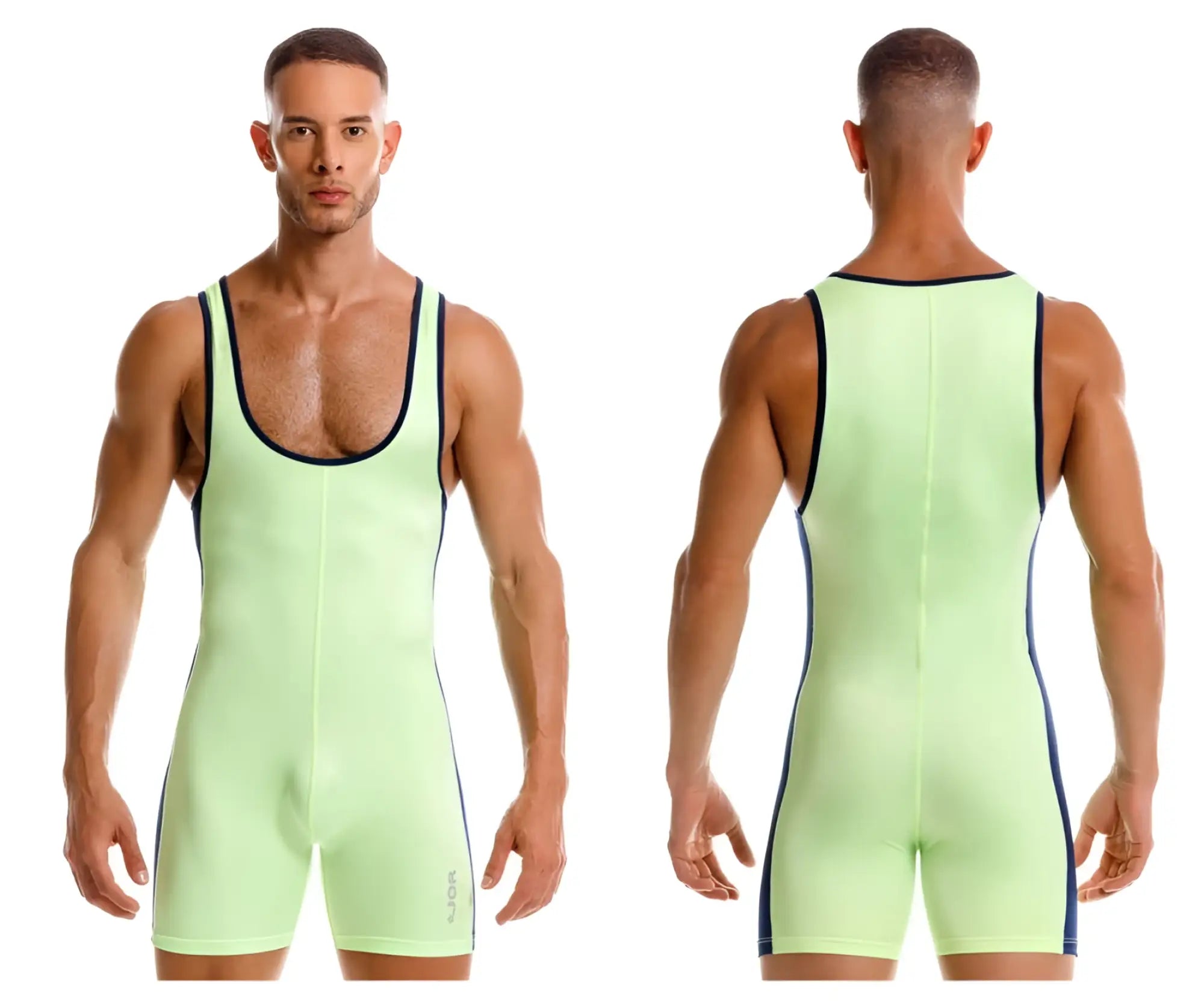 A sleek neon green jor 2216 fighter bodysuit wrestling singlet with black trim along neckline and sides