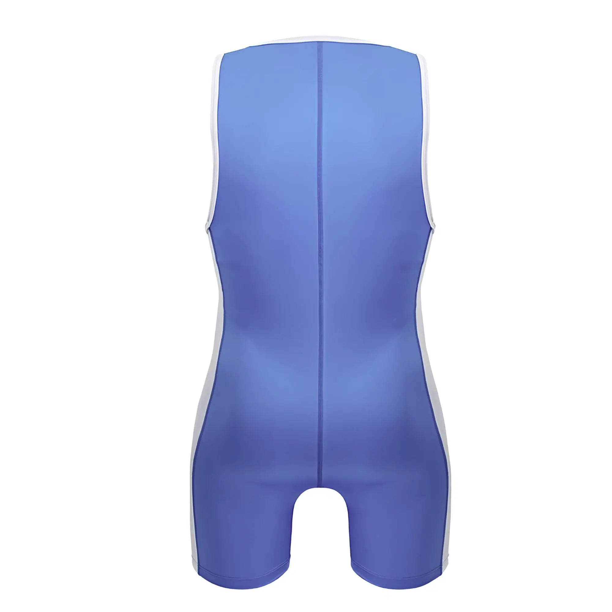Back view of a blue and white sleeveless turquoise jor 2216 fighter athletic bodysuit with central seam down the back