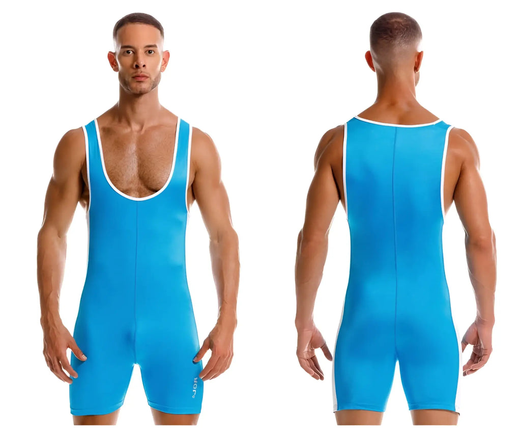 Bright blue turquoise jor 2216 fighter bodysuit wrestling singlet with white trim along neckline and armholes