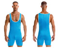Bright blue turquoise jor 2216 fighter bodysuit wrestling singlet with white trim along neckline and armholes
