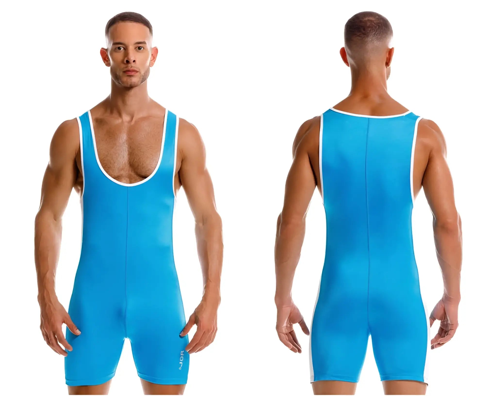 Bright blue turquoise jor 2216 fighter bodysuit wrestling singlet with white trim along neckline and armholes