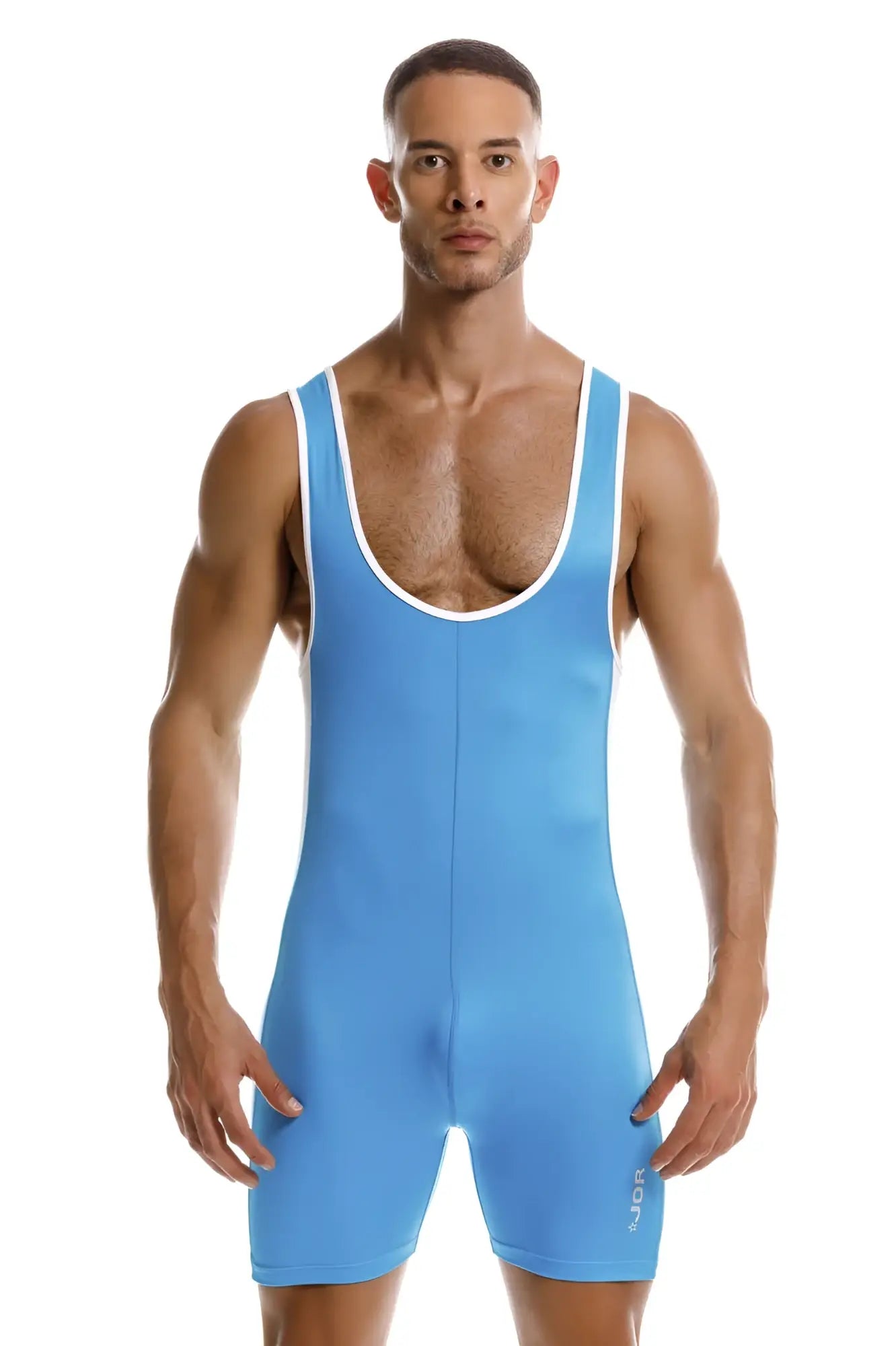 Light blue jor 2216 fighter bodysuit wrestling singlet with white trim and subtle brand logo on lower leg